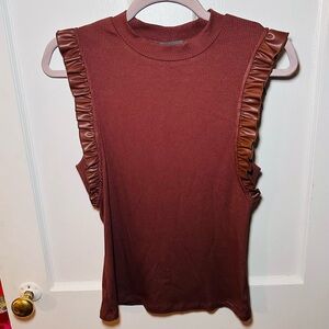 NWT ANTHROPOLOGIE Sunday in Brooklyn Womens L Tank Top Rib Knit Ruffle Mocha